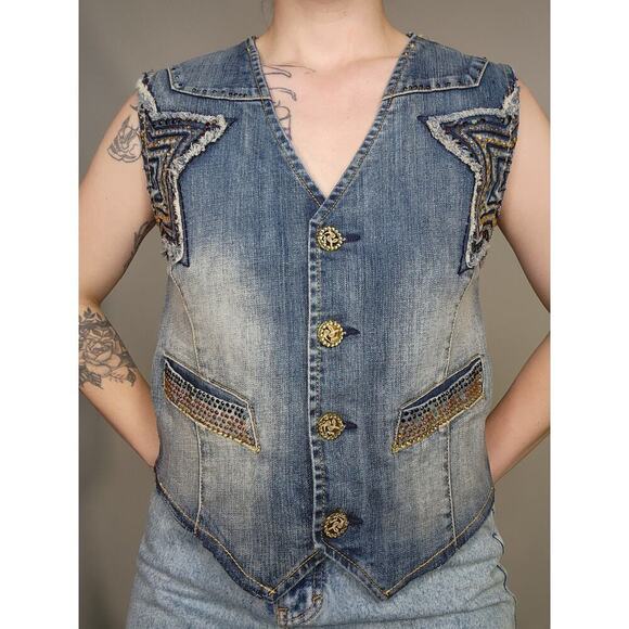 Y2k Pepe Jeans Streetwear Star Patchwork Rhinestone Distressed Denim Vest Sz Sm - Picture 4 of 9
